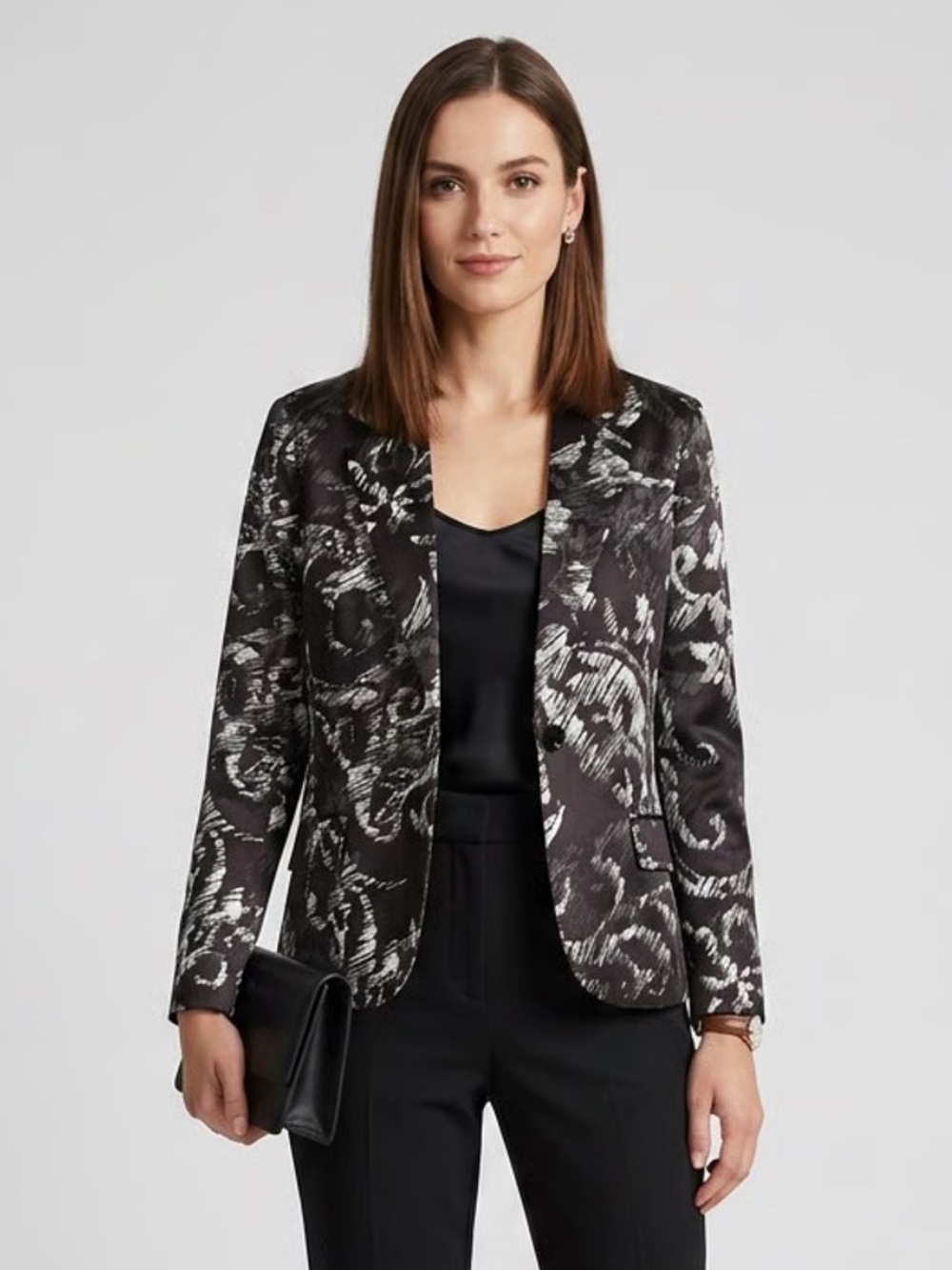 Black Satin Printed Blazer Jacket Sz L